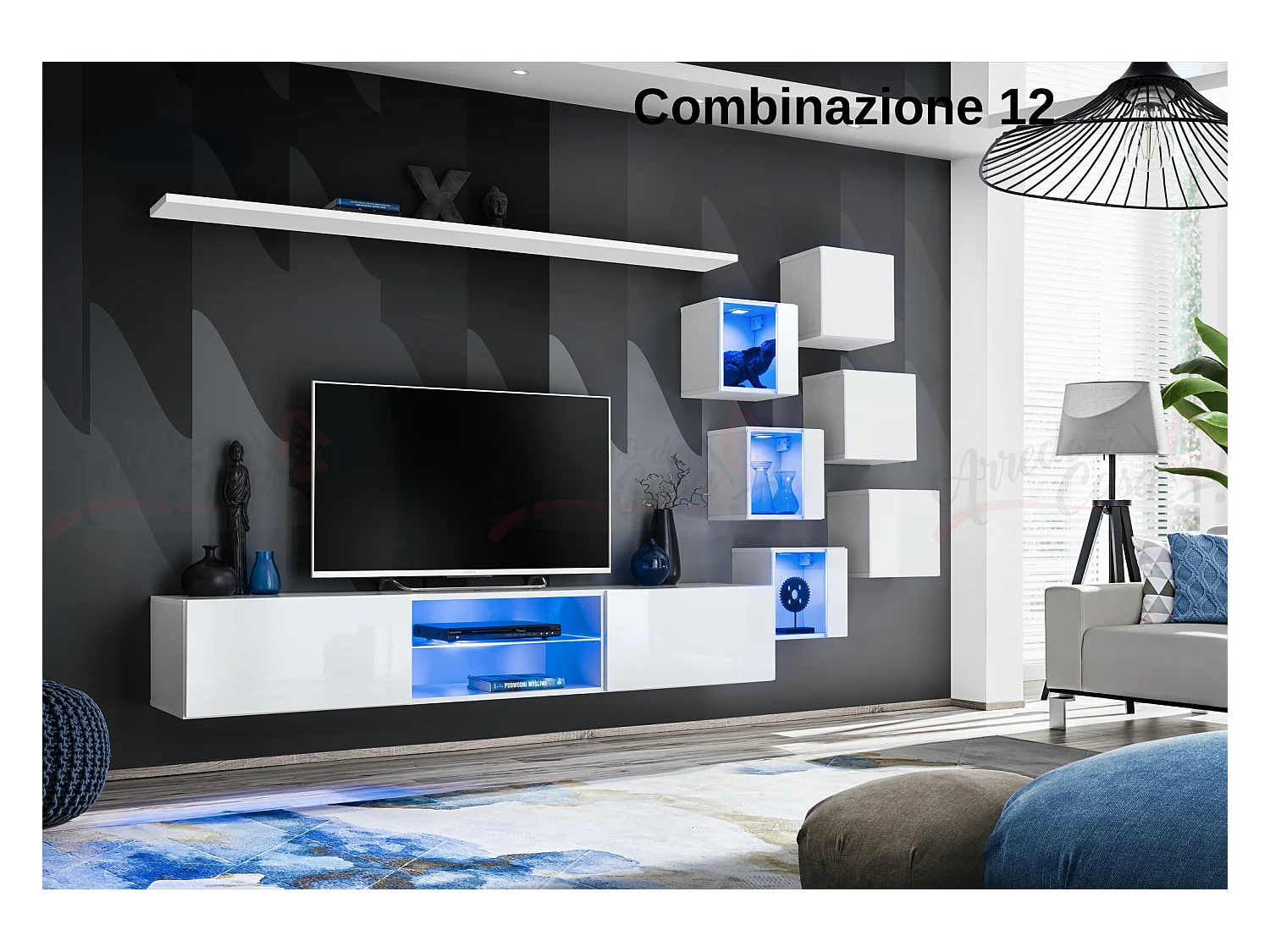 Parete attrezzata soggiorno con mobile TV sospeso 260x150 bianco PAP67