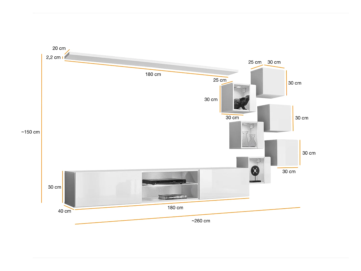 Parete attrezzata soggiorno con mobile TV sospeso 260x150 bianco PAP67
