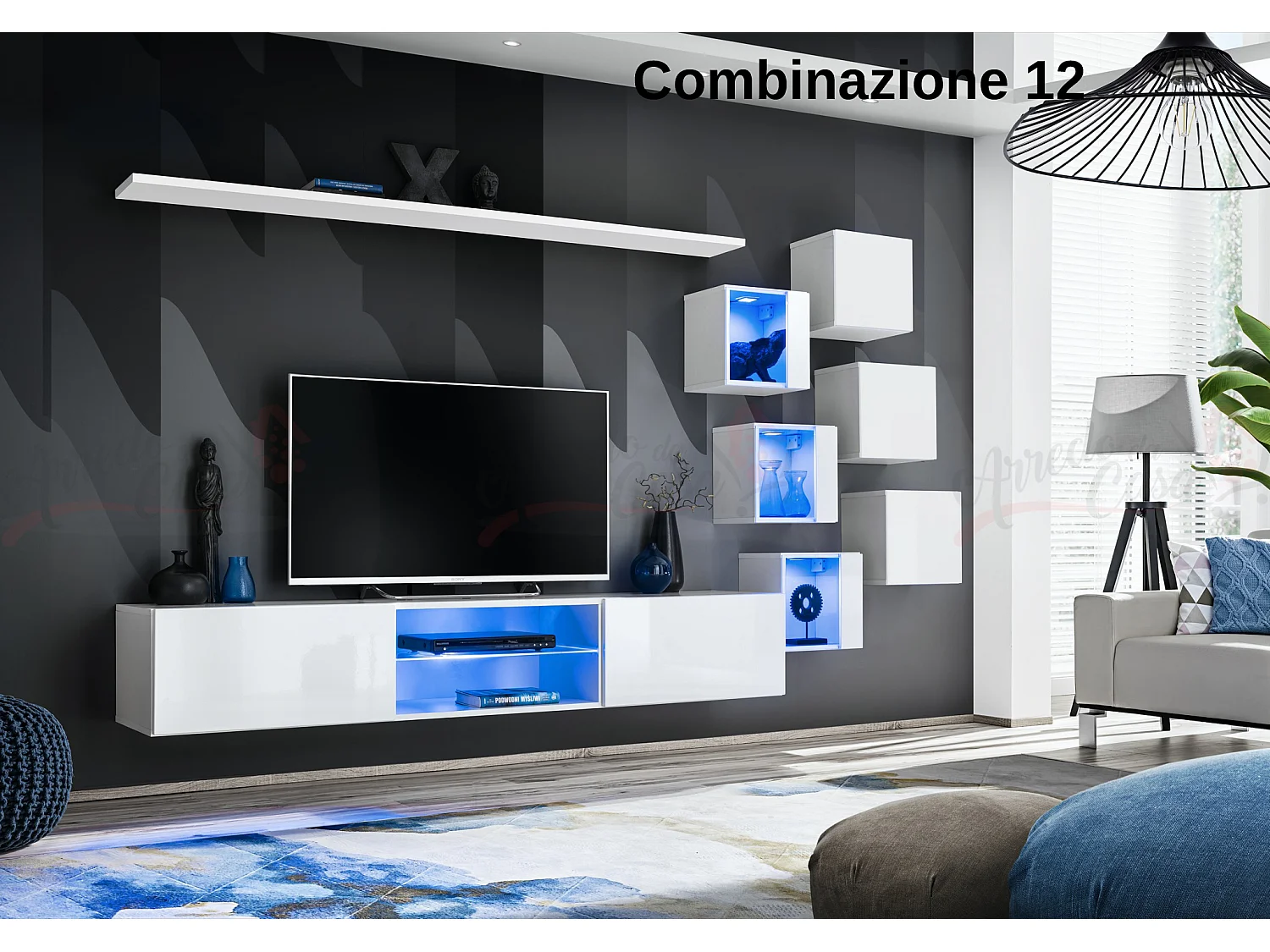 Parete attrezzata soggiorno con mobile TV sospeso 260x150 bianco PAP67