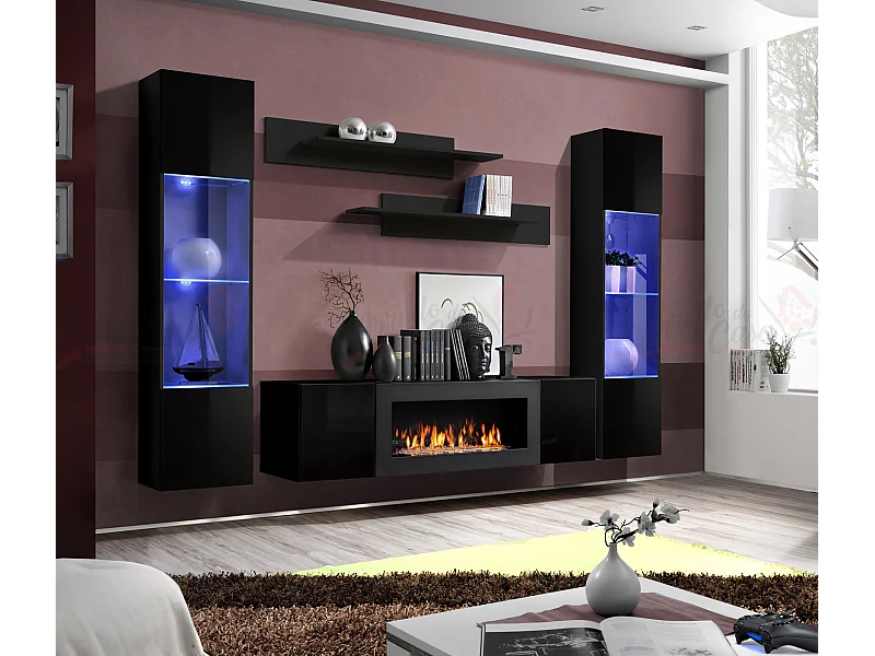 Parete attrezzata da soggiorno design moderno con biocamino e vetrine 260x170 nero PAP110