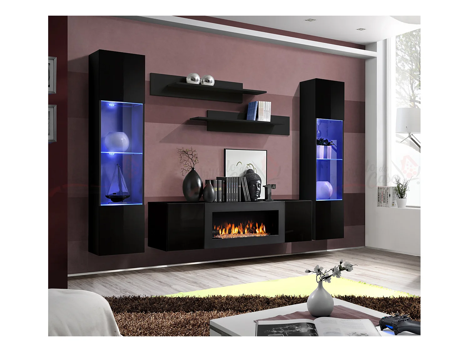 Parete attrezzata da soggiorno design moderno con biocamino e vetrine 260x170 nero PAP110
