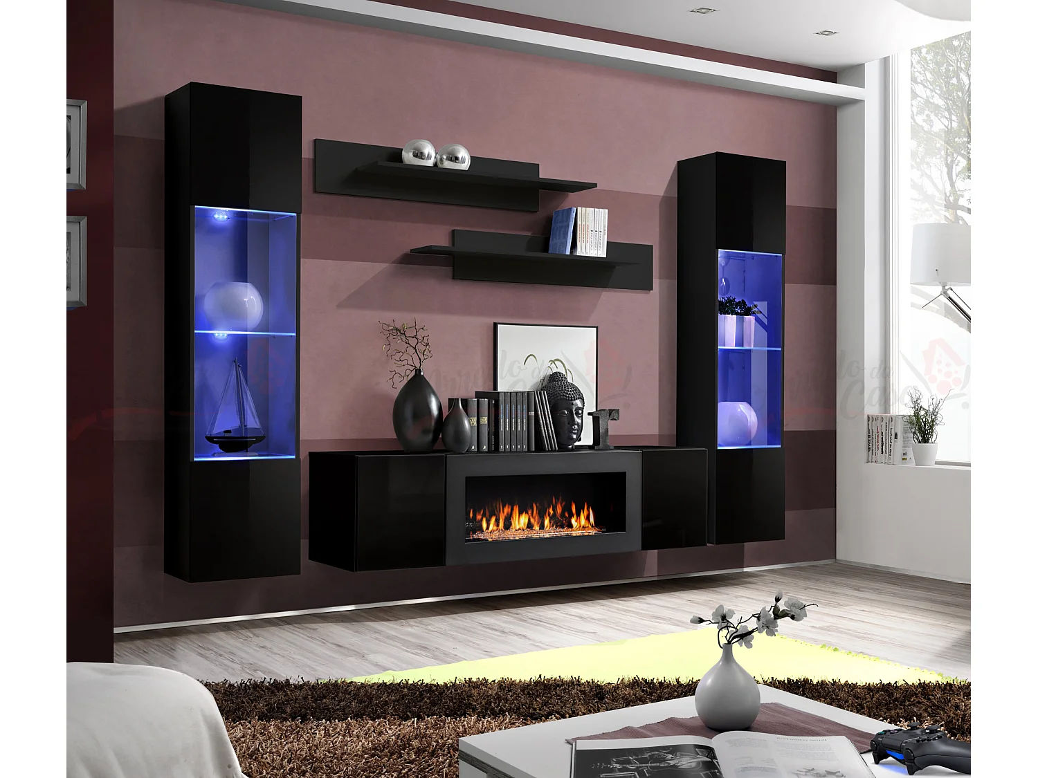 Parete attrezzata da soggiorno design moderno con biocamino e vetrine 260x170 nero PAP110