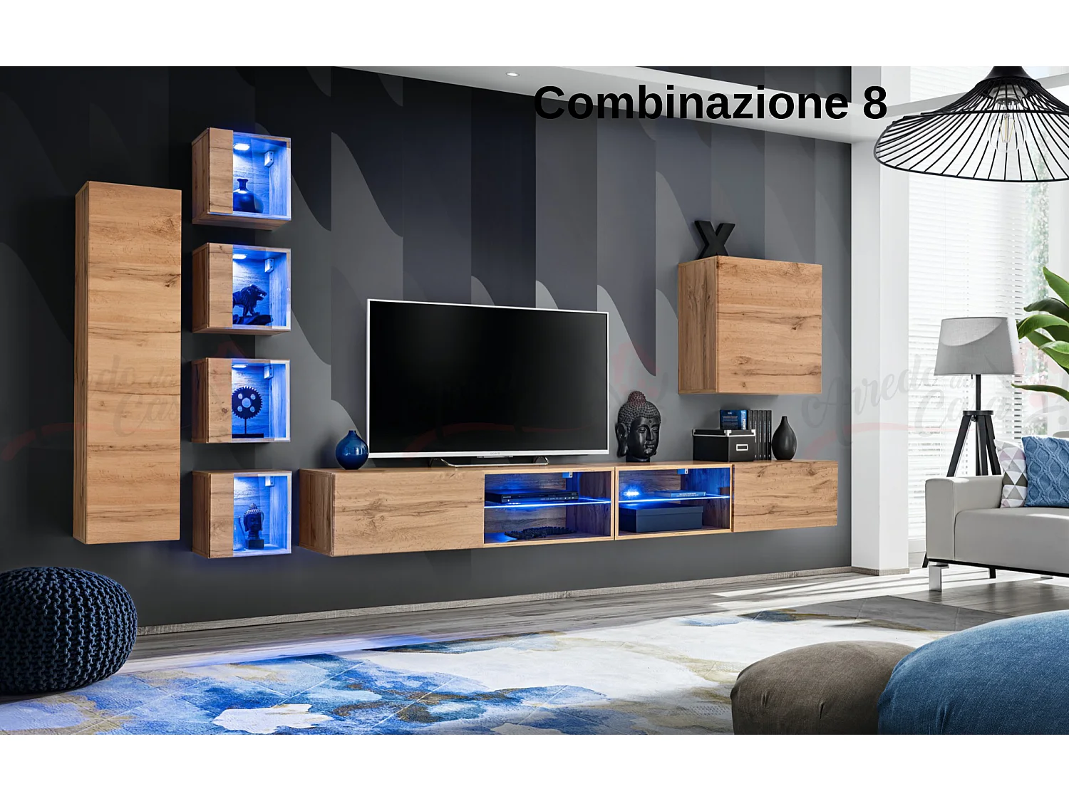 Parete attrezzata soggiorno con vetrinette e led 320x150 rovere PAP72