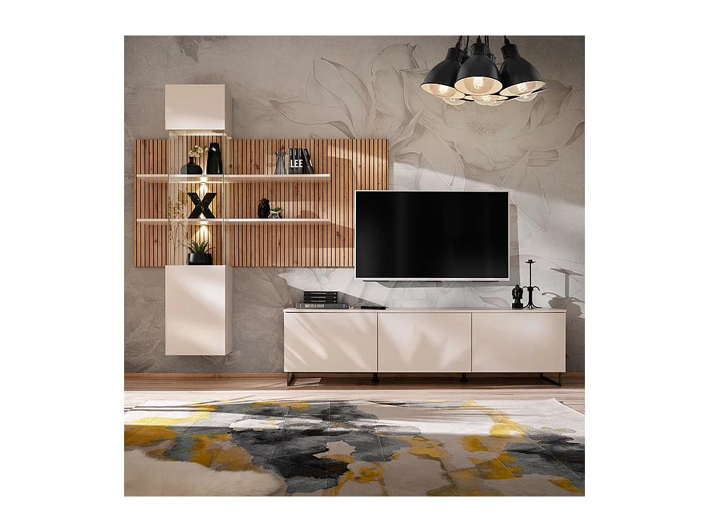 Parete attrezzata moderna con vetrina beige e rovere 280x200 PAP148