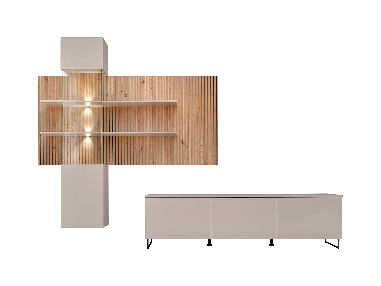 Parete attrezzata moderna con vetrina beige e rovere 280x200 PAP148