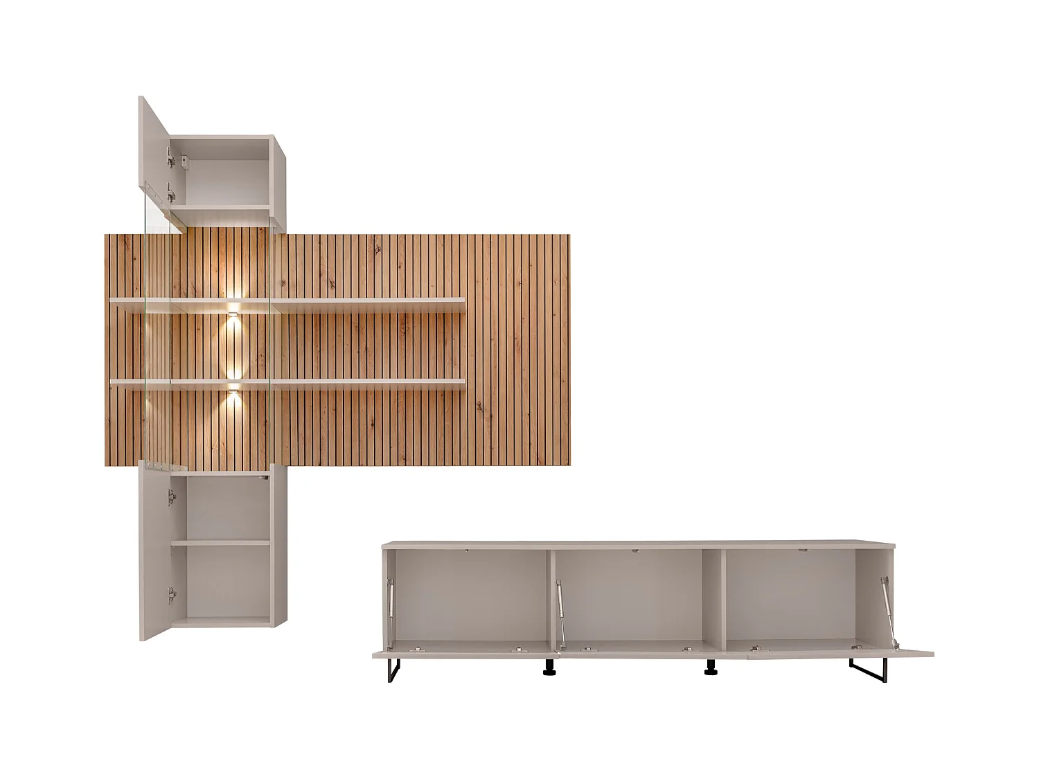 Parete attrezzata moderna con vetrina beige e rovere 280x200 PAP148