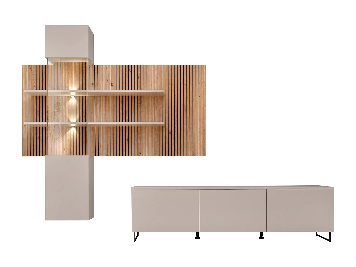 Parete attrezzata moderna con vetrina beige e rovere 280x200 PAP148