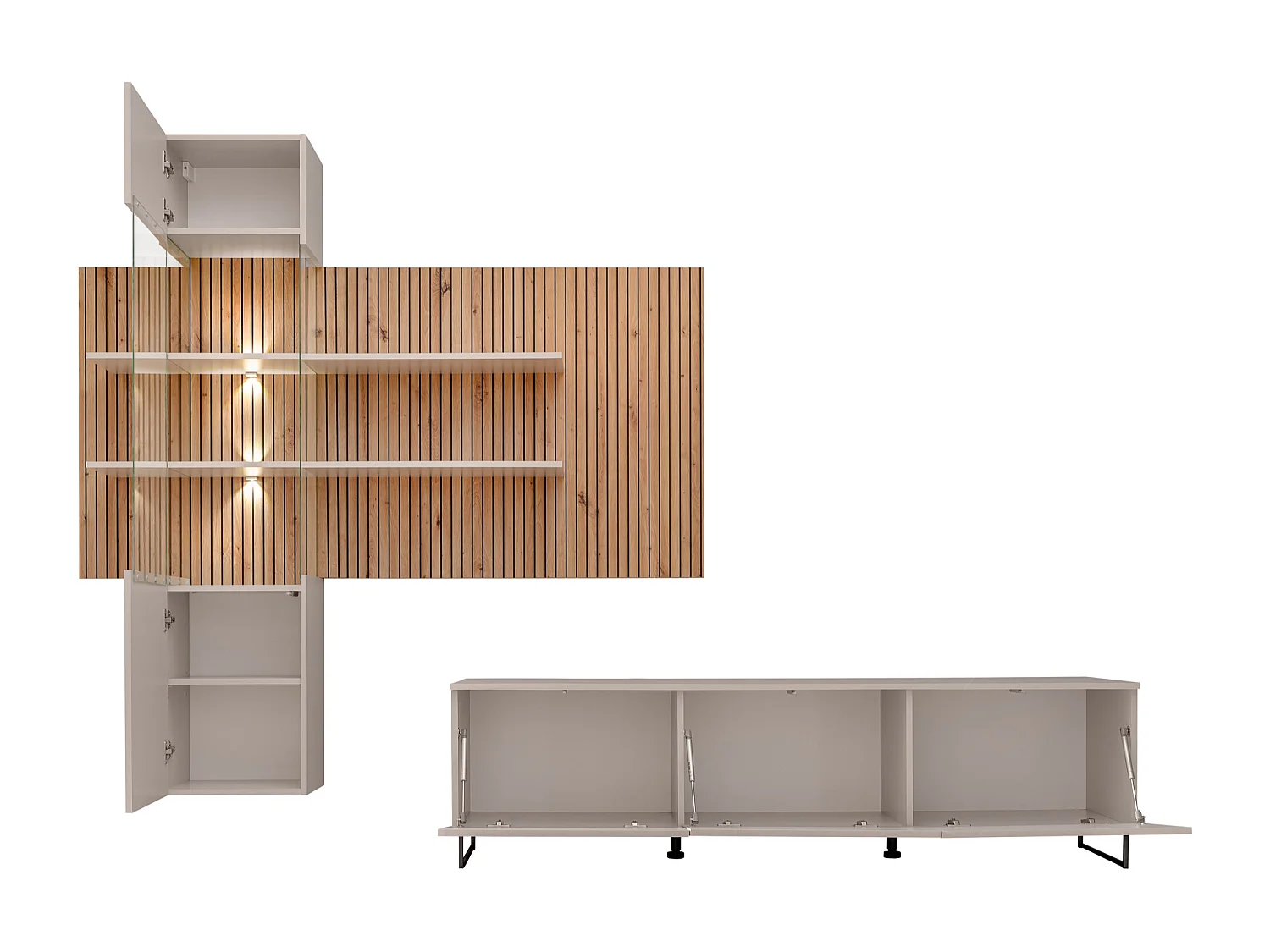 Parete attrezzata moderna con vetrina beige e rovere 280x200 PAP148