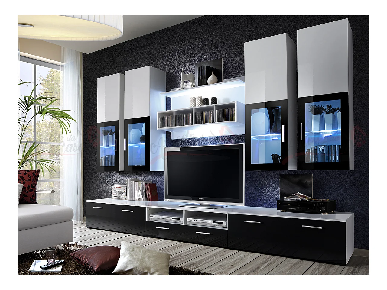 Parete attrezzata soggiorno con vetrine sospese e led 300x190 bianco e nero PAP24