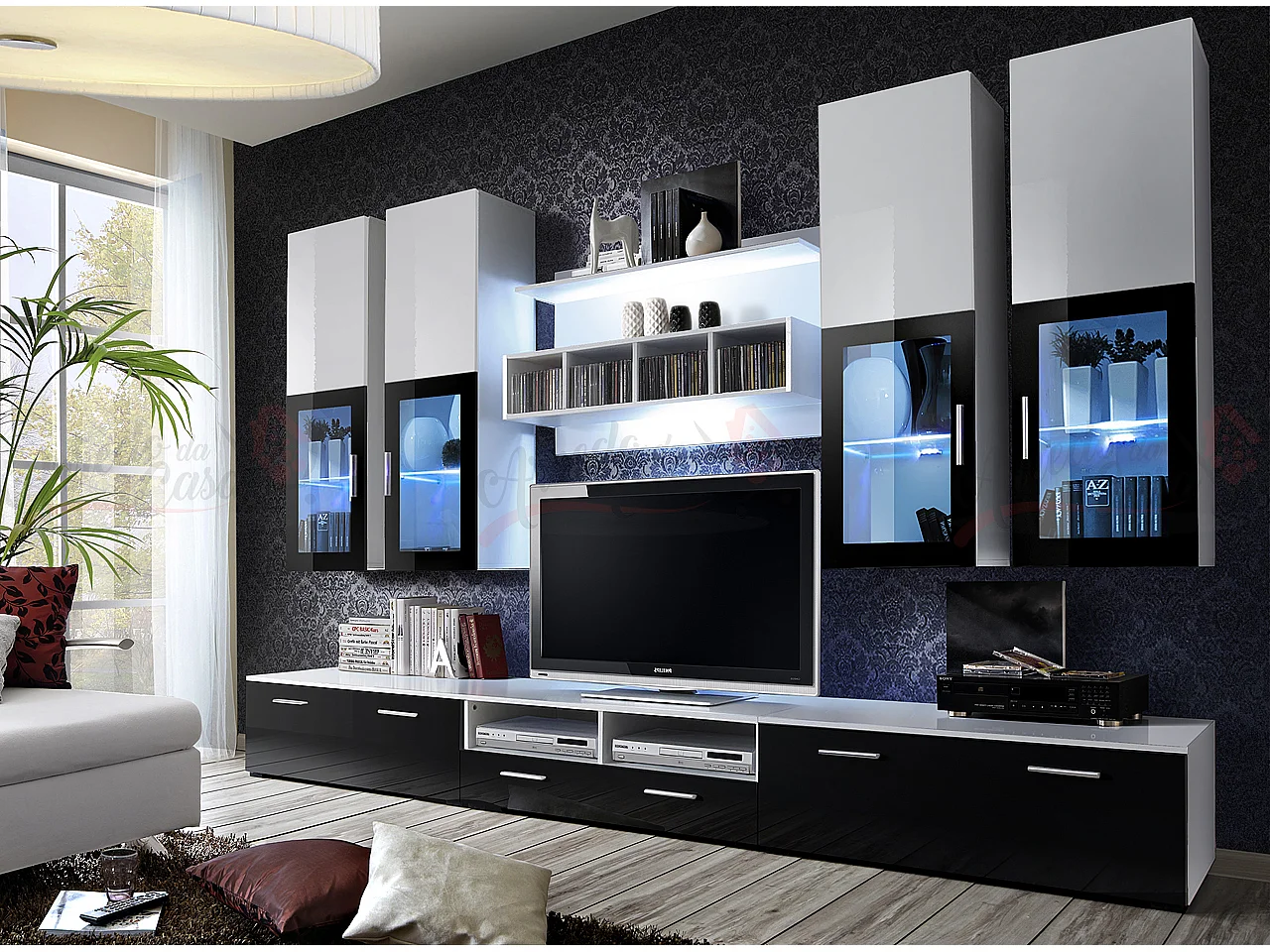 Parete attrezzata soggiorno con vetrine sospese e led 300x190 bianco e nero PAP24