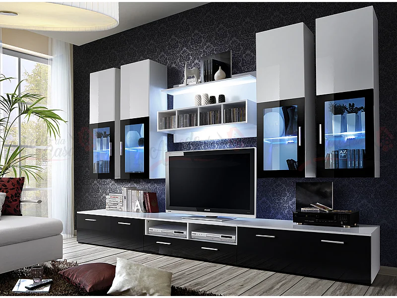 Parete attrezzata soggiorno con vetrine sospese e led 300x190 bianco e nero PAP24