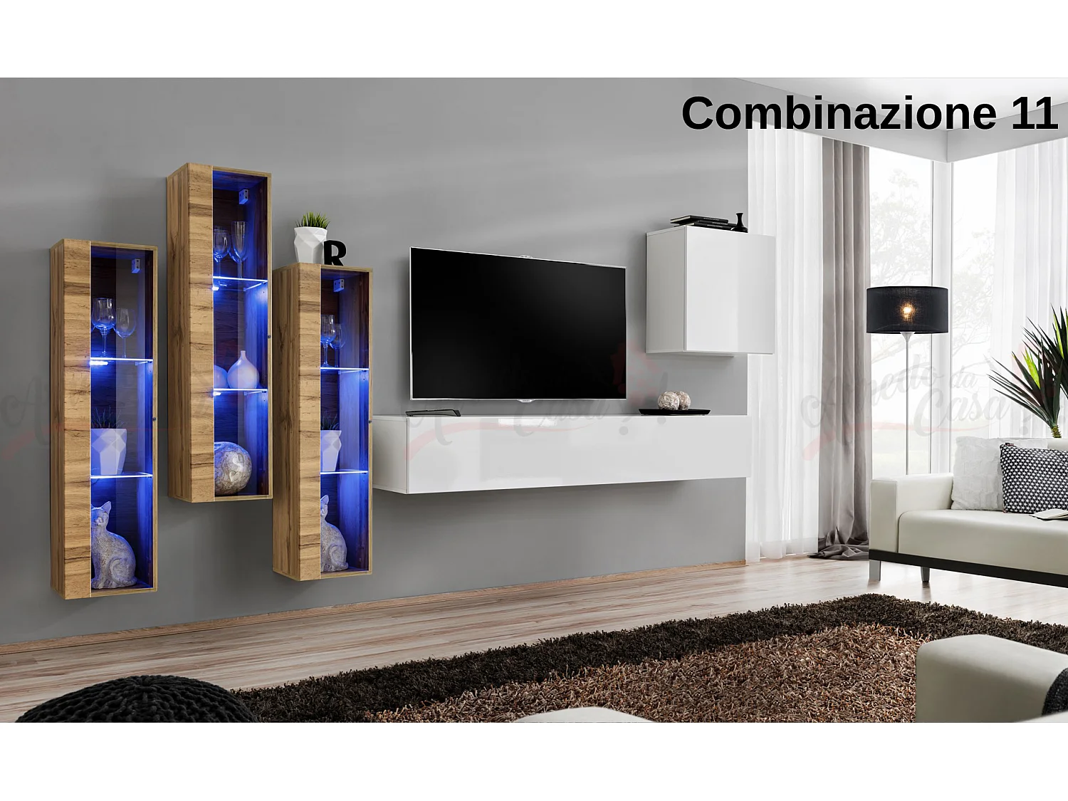 Parete attrezzata da soggiorno con luci LED 270x160 rovere e bianco PAP57