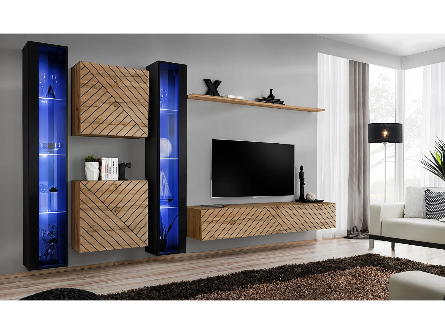 Parete attrezzata moderna da soggiorno con illuminazione led 330x180 nero e rovere PAP60