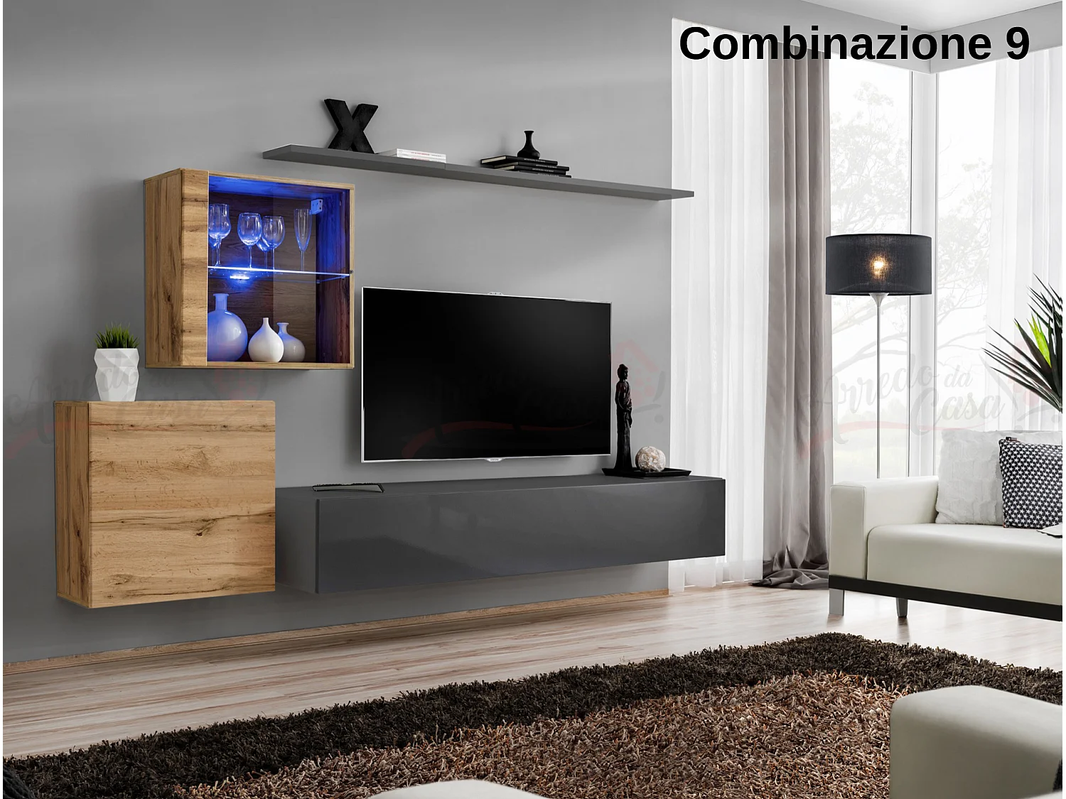 Parete attrezzata design moderno con vetrina illuminata 250x150 rovere e grigio PAP59