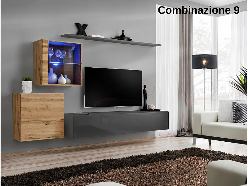 Parete attrezzata design moderno con vetrina illuminata 250x150 rovere e grigio PAP59