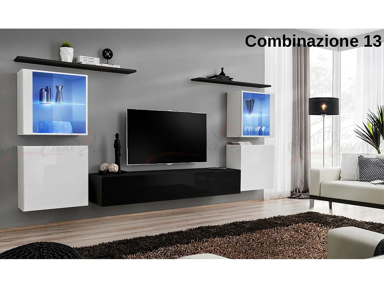 Parete attrezzata moderna con vetrine illuminate a led 320x150 bianco e nero PAP58