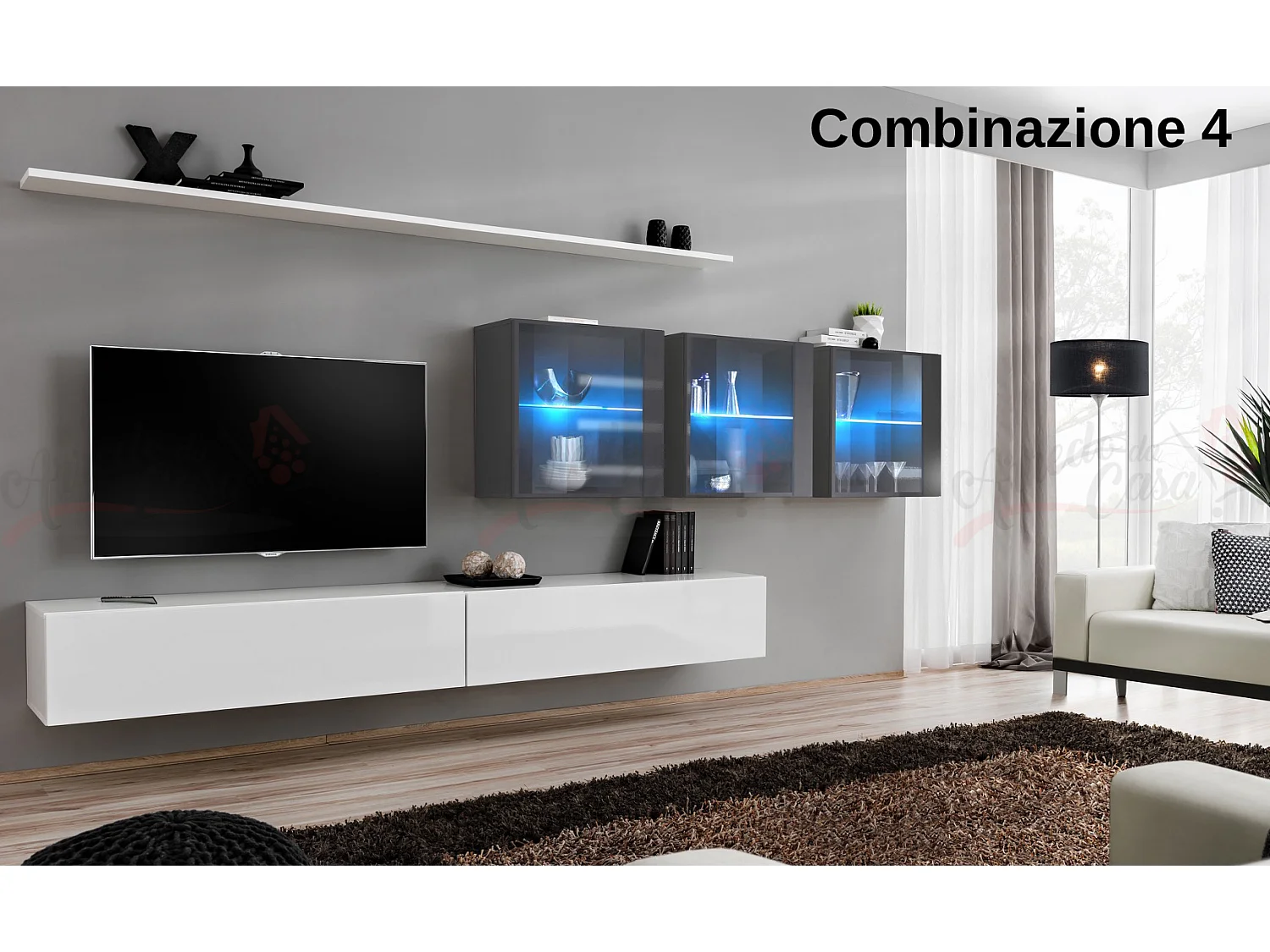 Parete attrezzata design moderno con vetrina 340x150 bianco e grigio PAP61