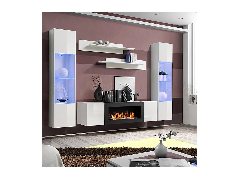 Parete attrezzata da soggiorno design moderno con biocamino e vetrine 260x170 bianco PAP110