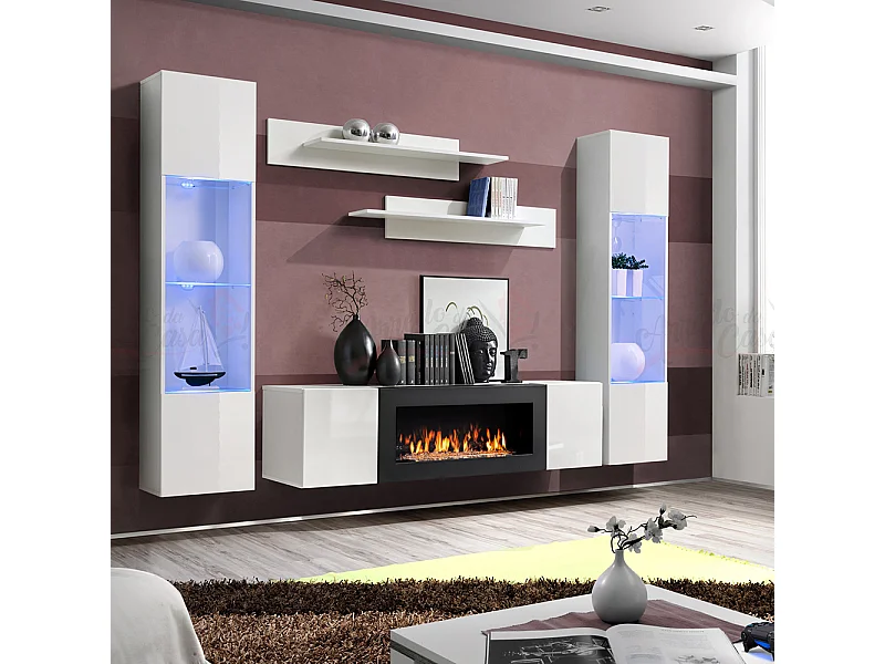 Parete attrezzata da soggiorno design moderno con biocamino e vetrine 260x170 bianco PAP110
