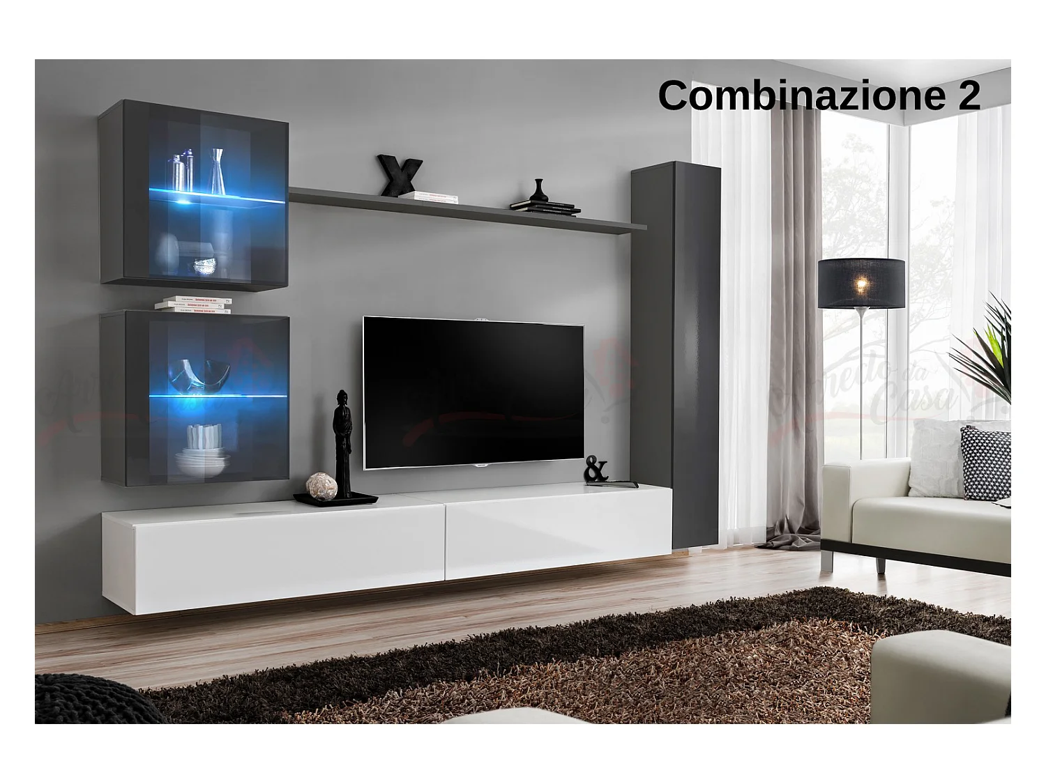 Parete attrezzata moderna per soggiorno con luci led 280x180 grigio e bianco PAP62