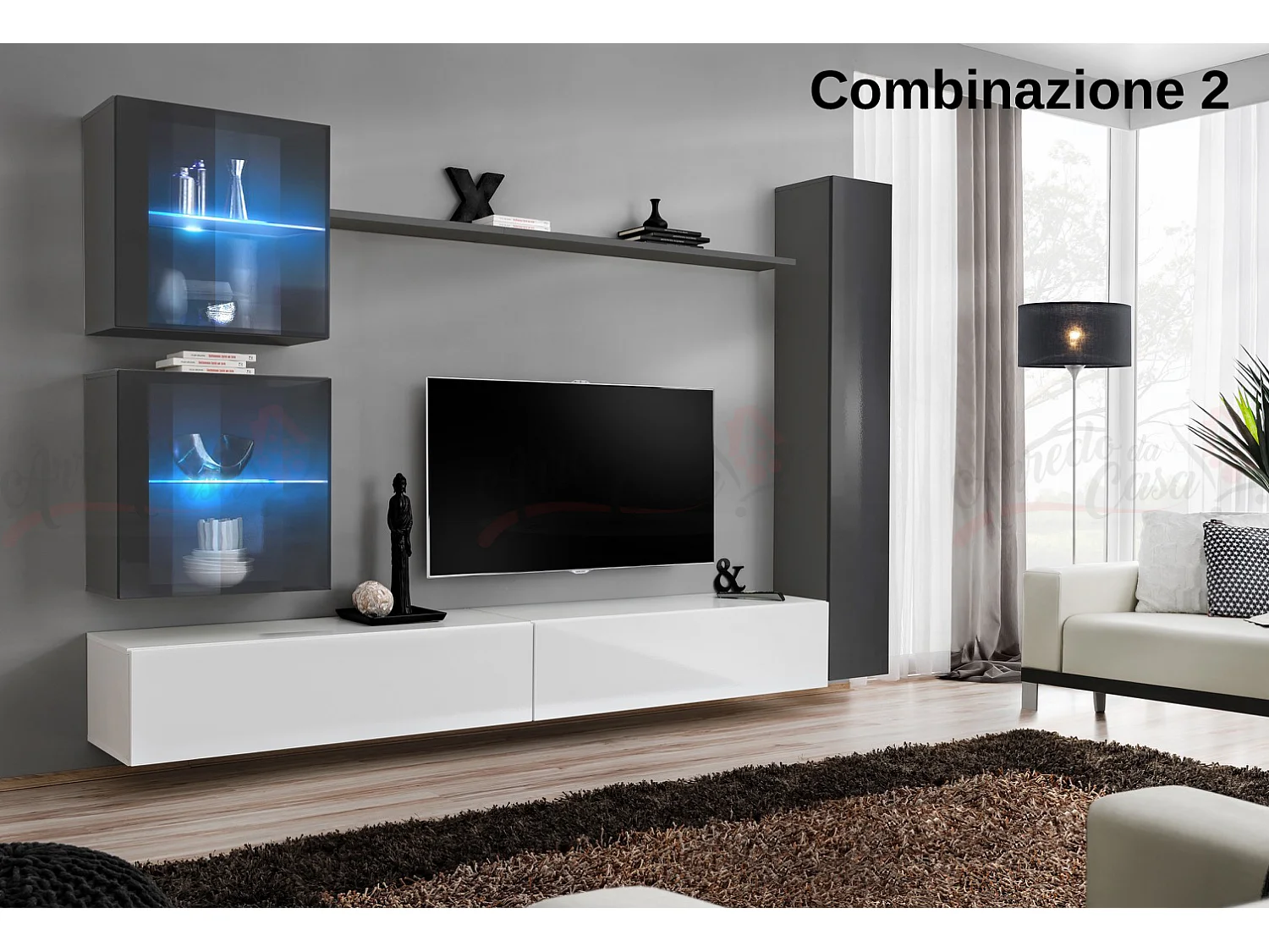 Parete attrezzata moderna per soggiorno con luci led 280x180 grigio e bianco PAP62