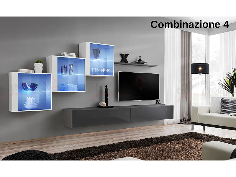 Parete attrezzata sospesa design contemporaneo con led 330x160 bianco e grigio PAP65