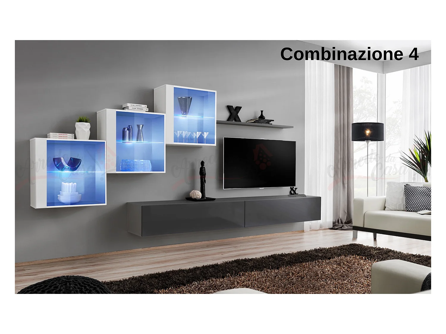 Parete attrezzata sospesa design contemporaneo con led 330x160 bianco e grigio PAP65