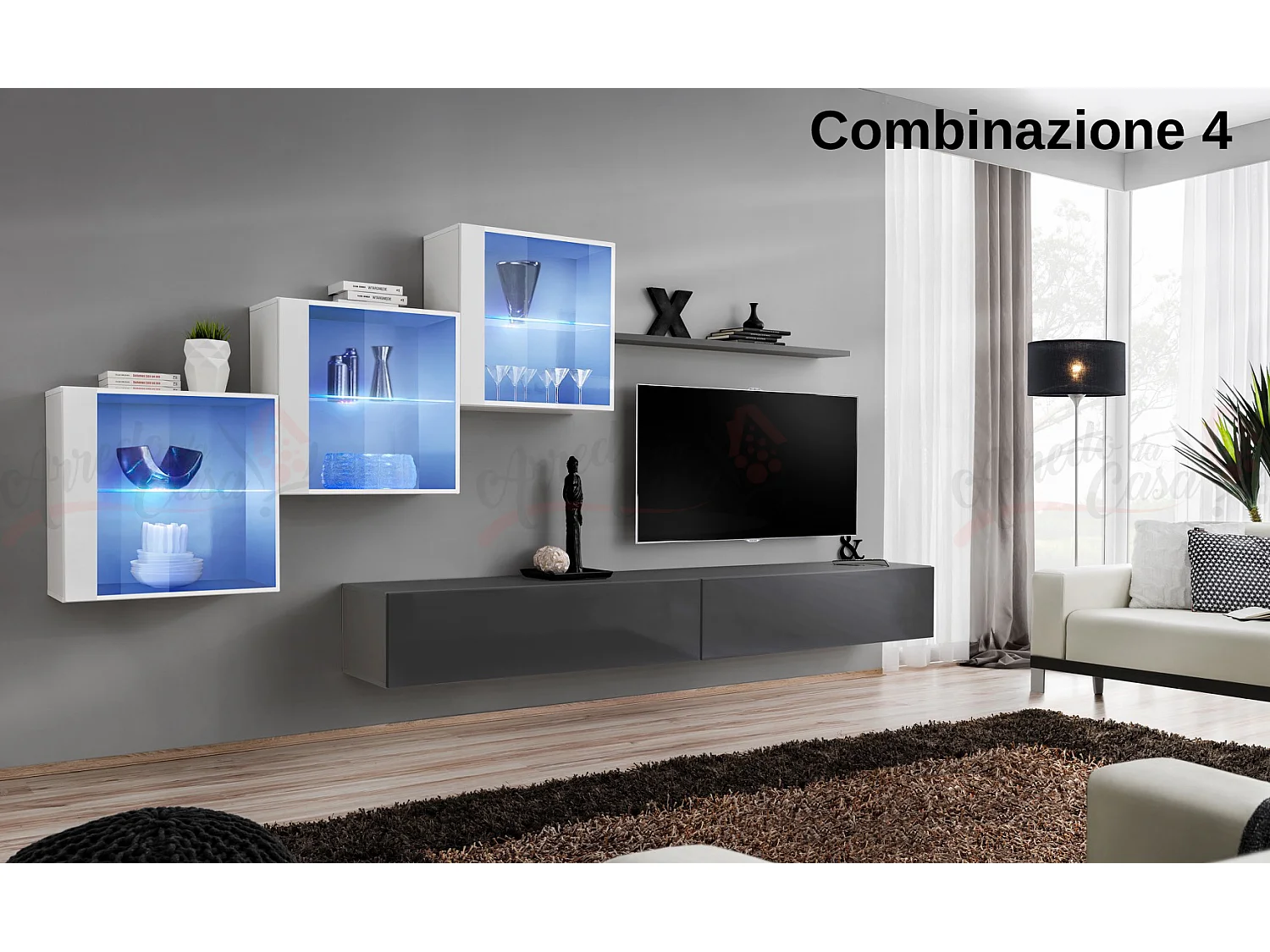 Parete attrezzata sospesa design contemporaneo con led 330x160 bianco e grigio PAP65