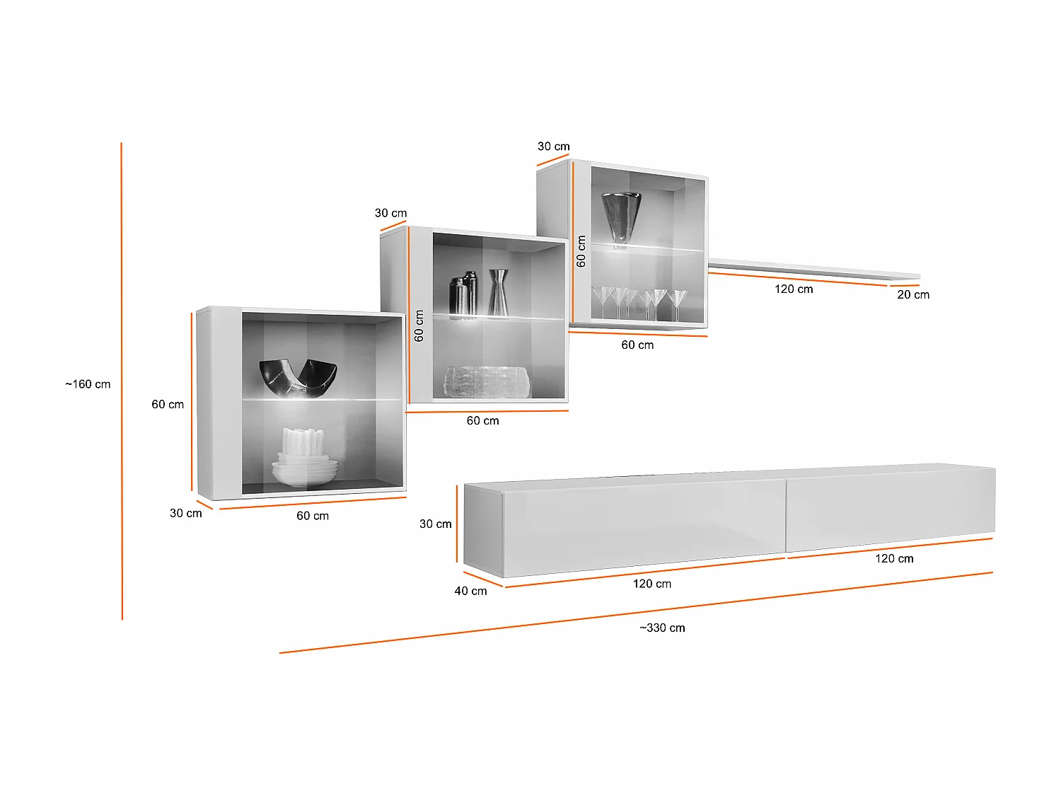 Parete attrezzata sospesa design contemporaneo con led 330x160 bianco e grigio PAP65