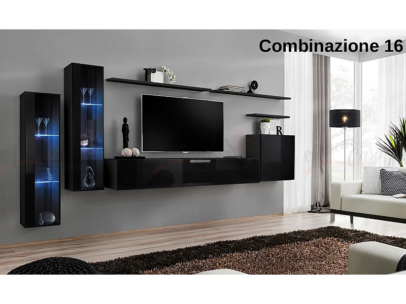 Parete attrezzata per soggiorno stile moderno 330x160 nero PAP55