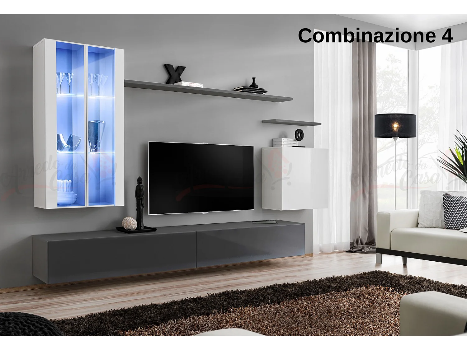 Parete attrezzata per soggiorno con luci LED 270x160 bianco e grigio PAP56