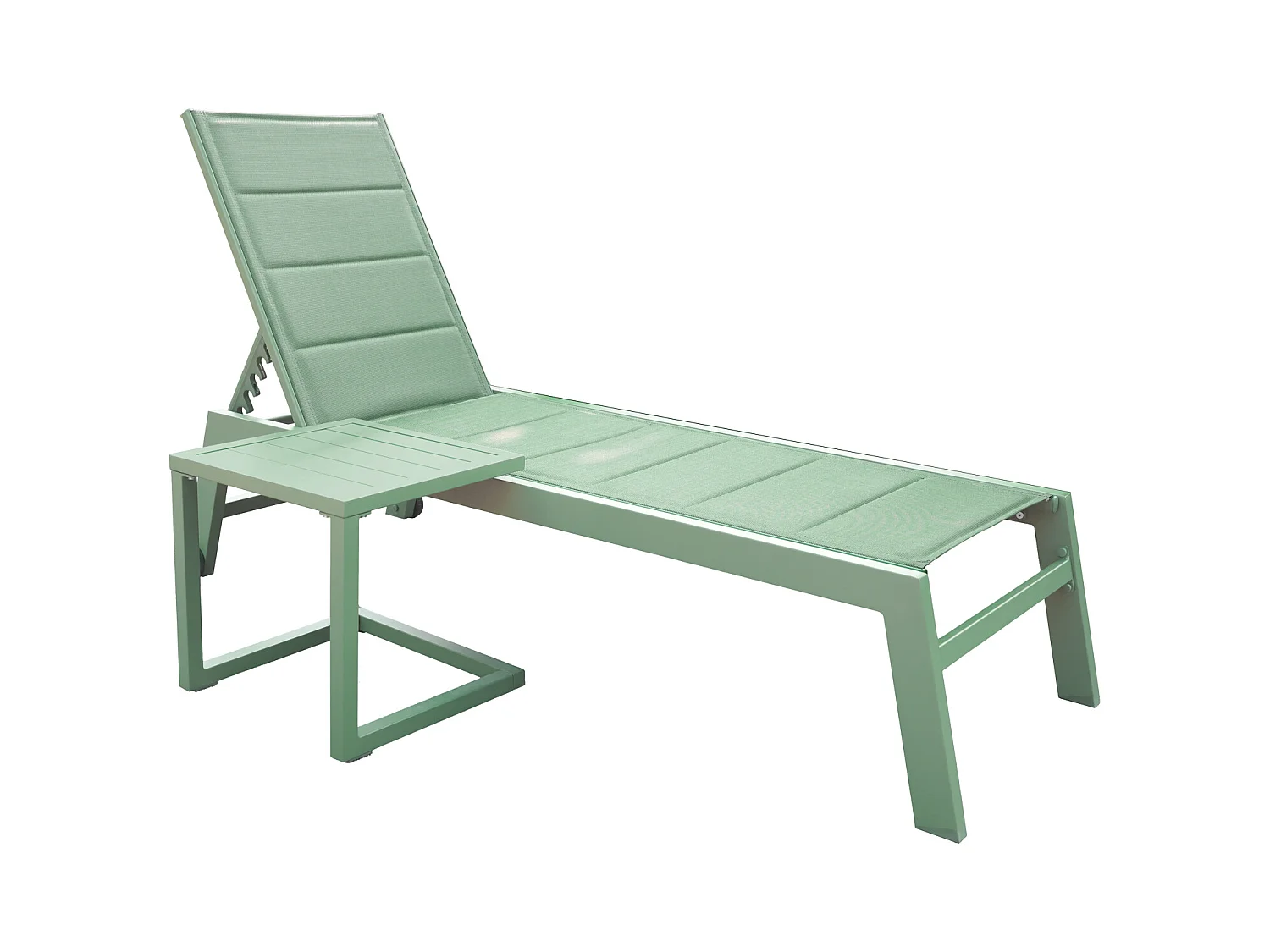 Conjunto de espreguiçadeira e mesa de apoio BARBADOS em textilene verde sálvia - alumínio verde sálvia