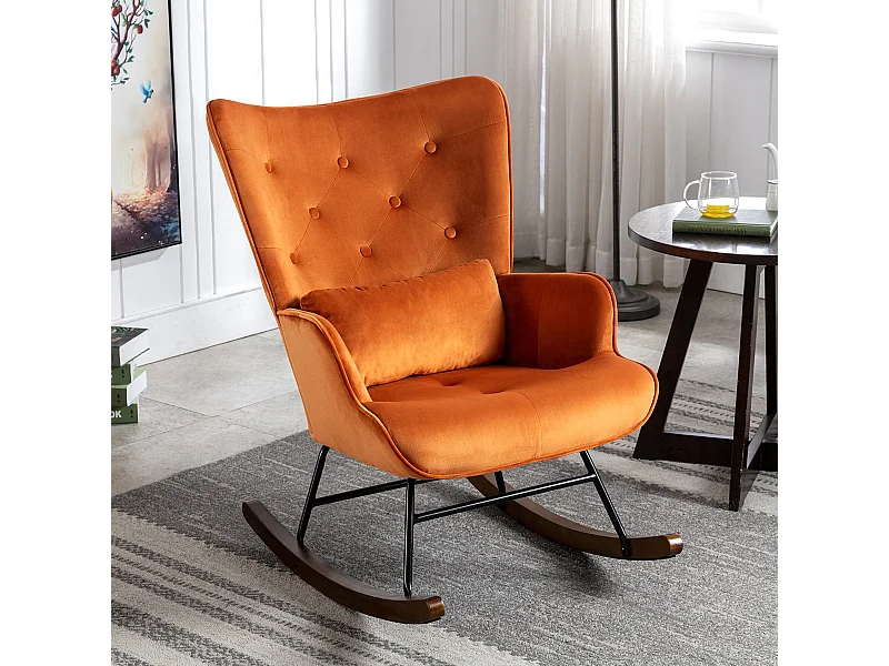 Fauteuil à Bascule  Rembourré en Velours Moderne  pour Salon, Chaise à Bascule à Dossier Haut avec Pieds en Bois, ORANGE