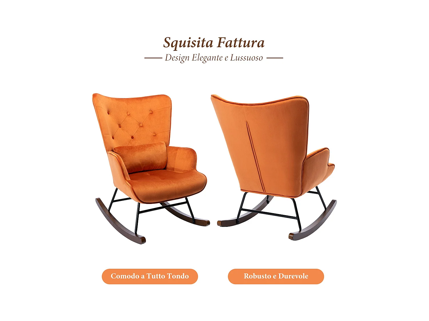 Moderne Velours Gevoerde Schommelstoel voor de Woonkamer, Hoge Rug Schommelstoel met Houten Poten, ORANJE