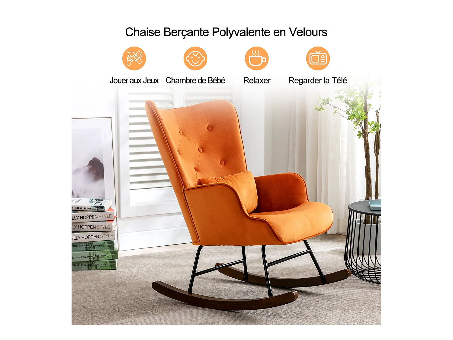 Moderne Velours Gevoerde Schommelstoel voor de Woonkamer, Hoge Rug Schommelstoel met Houten Poten, ORANJE