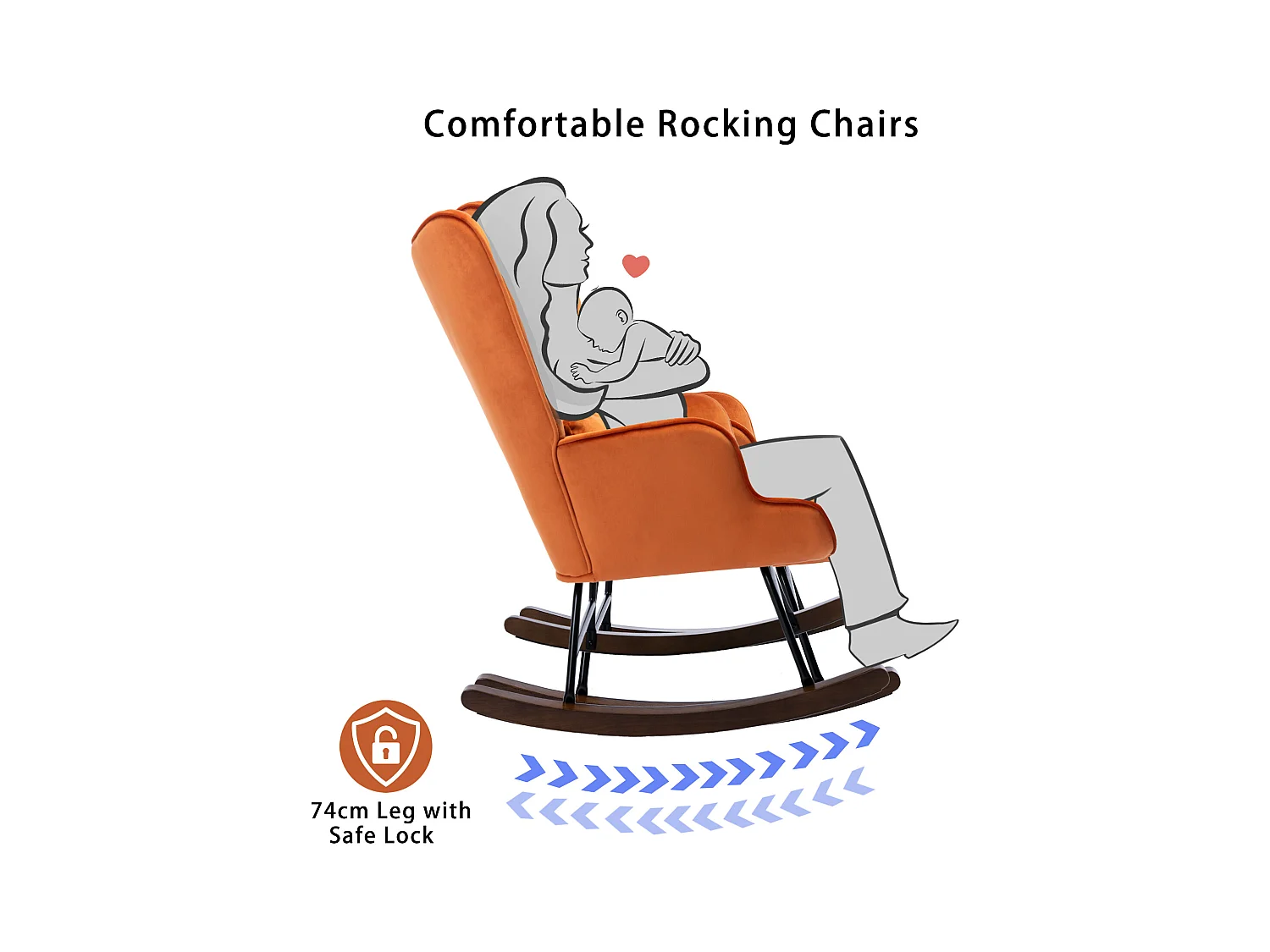 Moderne Velours Gevoerde Schommelstoel voor de Woonkamer, Hoge Rug Schommelstoel met Houten Poten, ORANJE