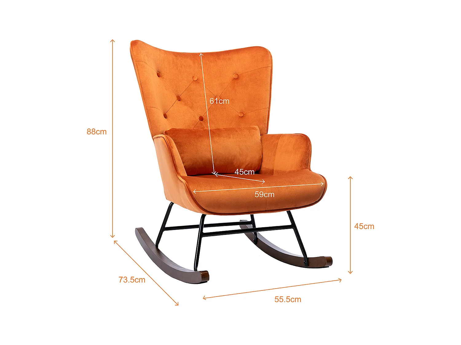 Moderne Velours Gevoerde Schommelstoel voor de Woonkamer, Hoge Rug Schommelstoel met Houten Poten, ORANJE