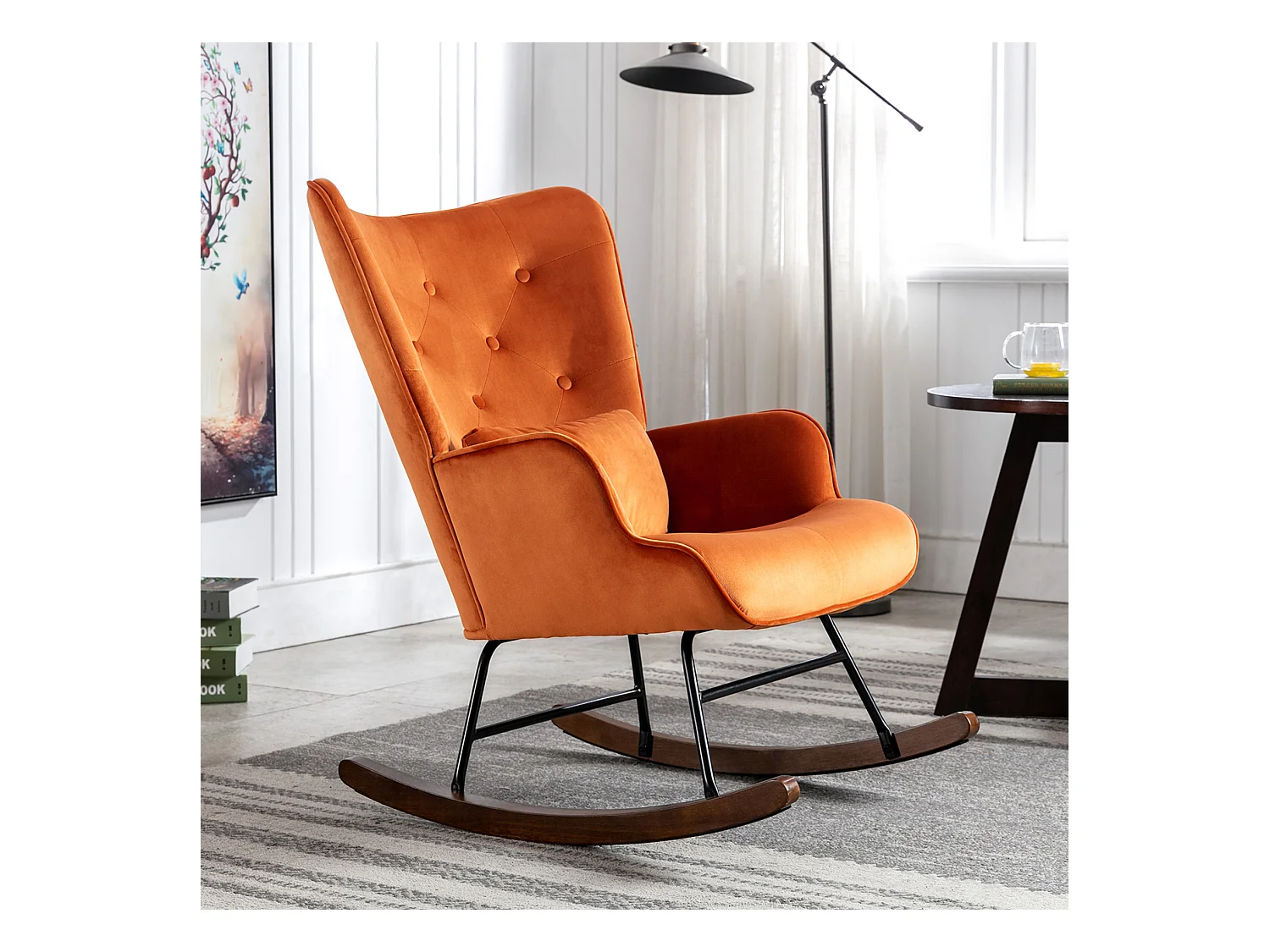 Moderne Velours Gevoerde Schommelstoel voor de Woonkamer, Hoge Rug Schommelstoel met Houten Poten, ORANJE