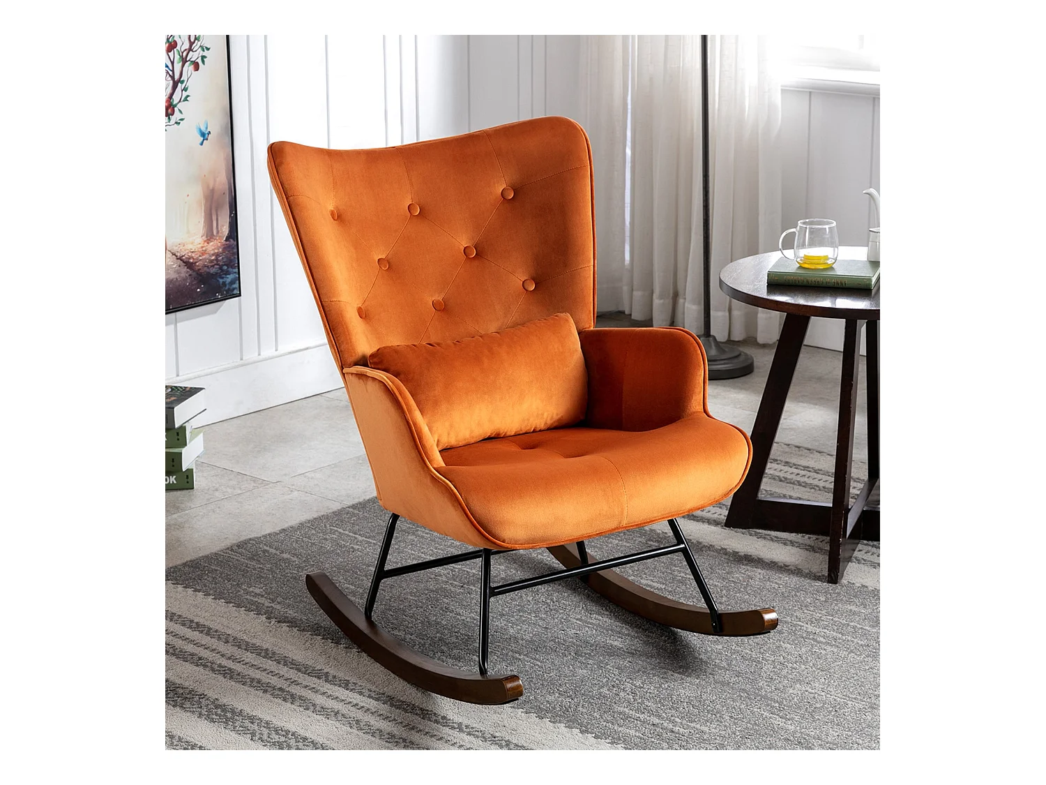 Fauteuil à Bascule  Rembourré en Velours Moderne  pour Salon, Chaise à Bascule à Dossier Haut avec Pieds en Bois, ORANGE
