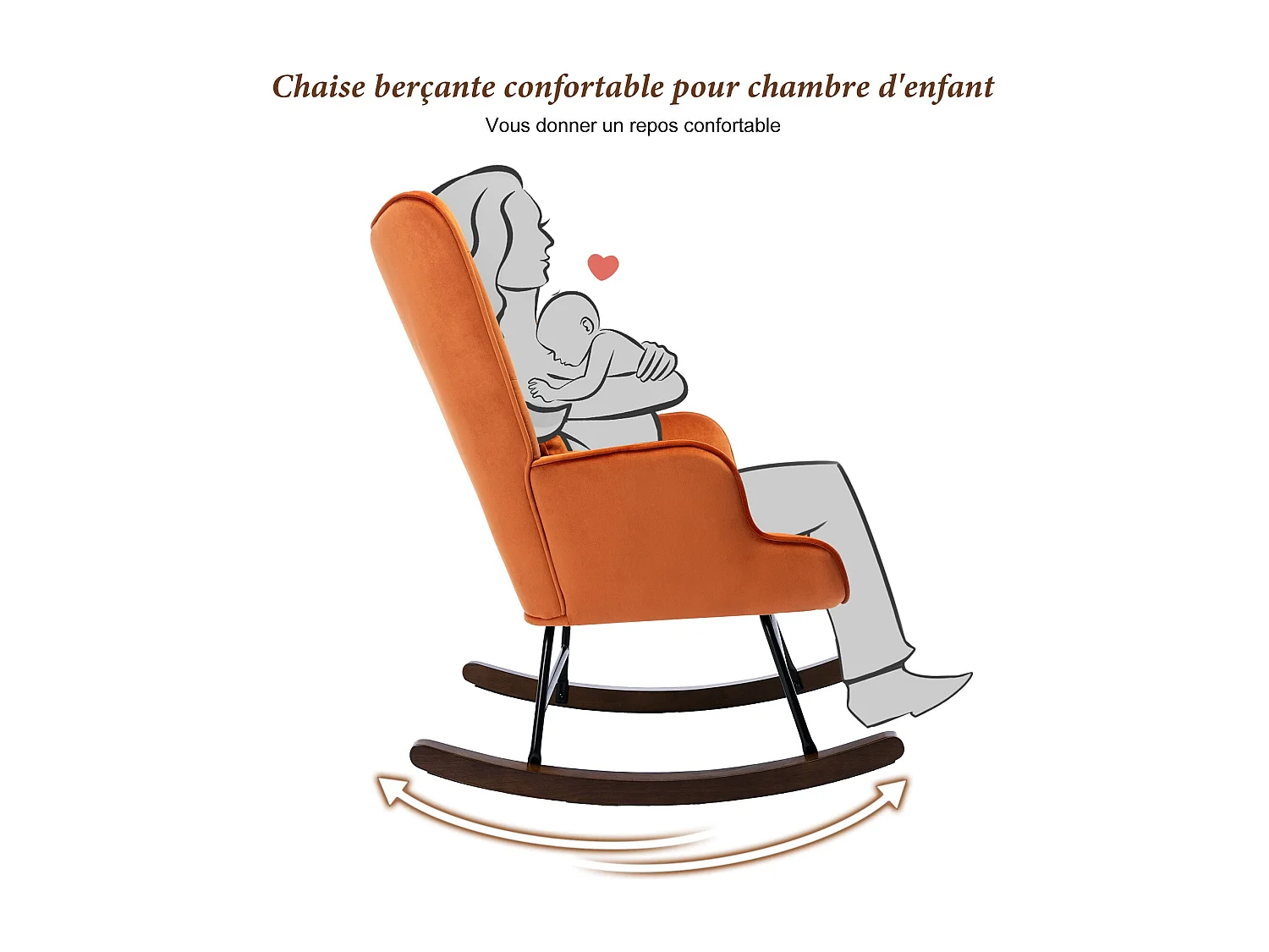 Moderne Velours Gevoerde Schommelstoel voor de Woonkamer, Hoge Rug Schommelstoel met Houten Poten, ORANJE