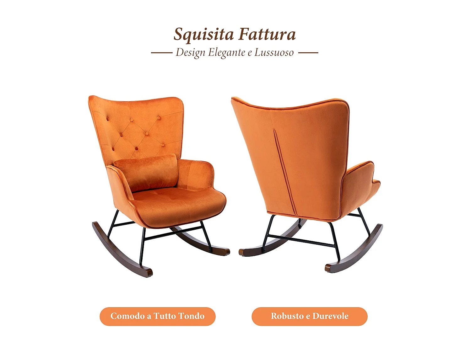 Moderne Velours Gevoerde Schommelstoel voor de Woonkamer, Hoge Rug Schommelstoel met Houten Poten, ORANJE