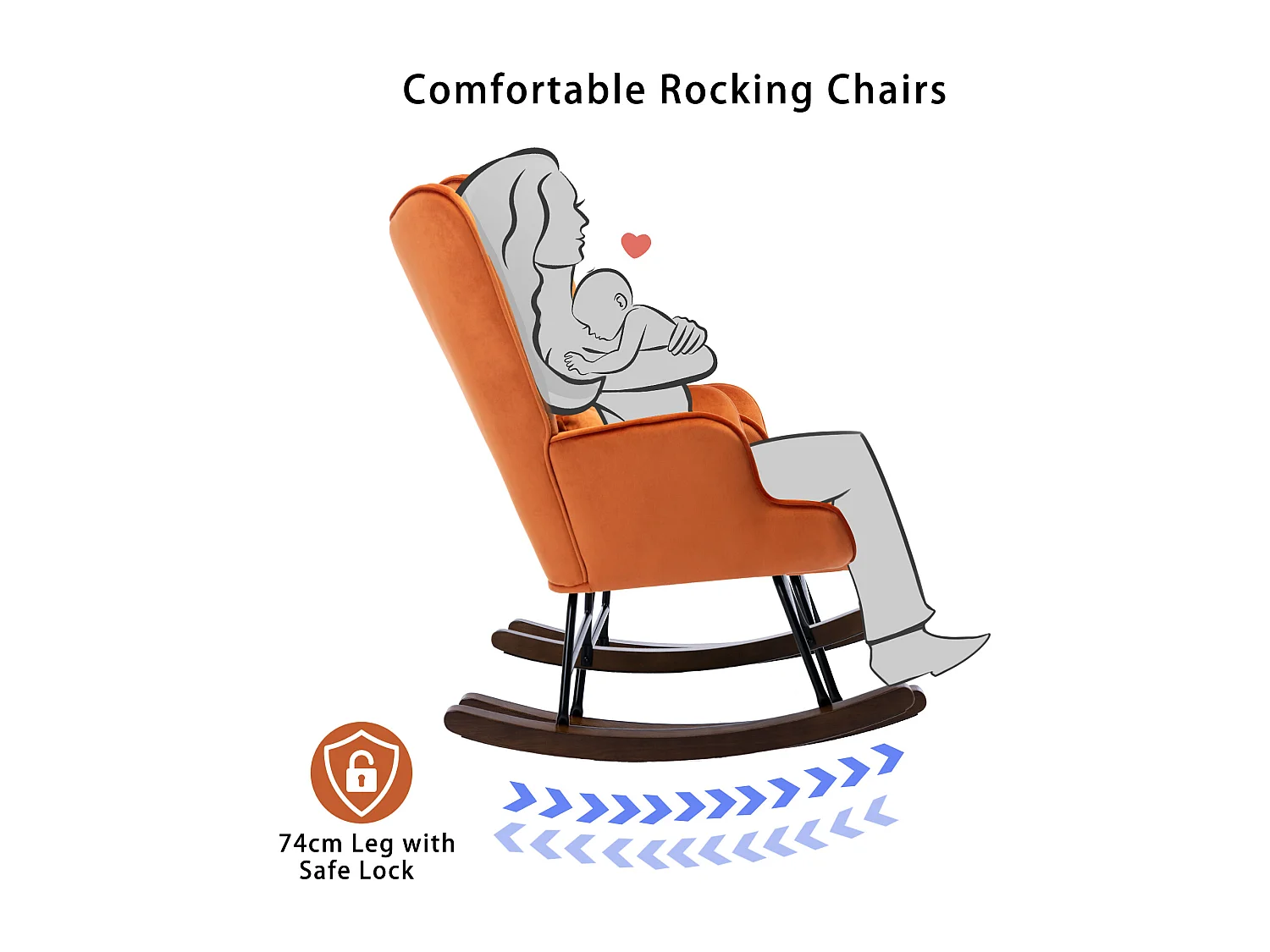 Moderne Velours Gevoerde Schommelstoel voor de Woonkamer, Hoge Rug Schommelstoel met Houten Poten, ORANJE