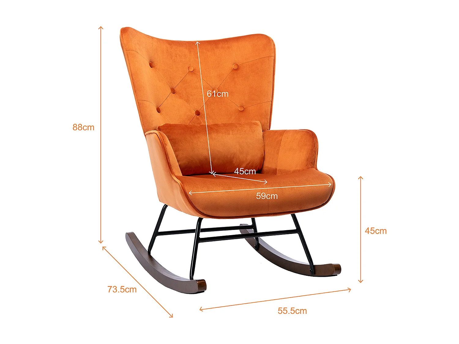 Moderne Velours Gevoerde Schommelstoel voor de Woonkamer, Hoge Rug Schommelstoel met Houten Poten, ORANJE