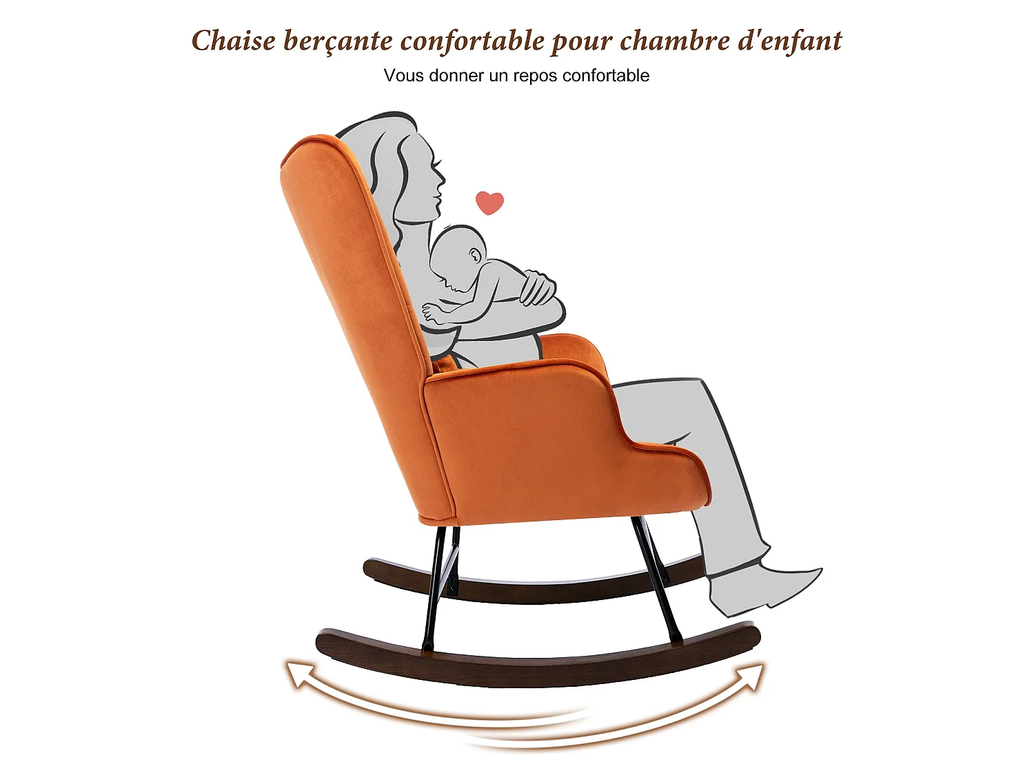 Fauteuil à Bascule  Rembourré en Velours Moderne  pour Salon, Chaise à Bascule à Dossier Haut avec Pieds en Bois, ORANGE