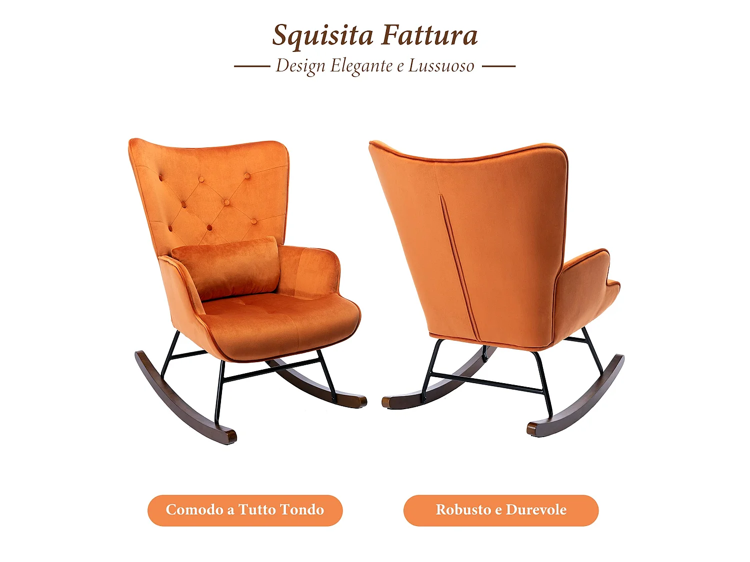 Fauteuil à Bascule  Rembourré en Velours Moderne  pour Salon, Chaise à Bascule à Dossier Haut avec Pieds en Bois, ORANGE