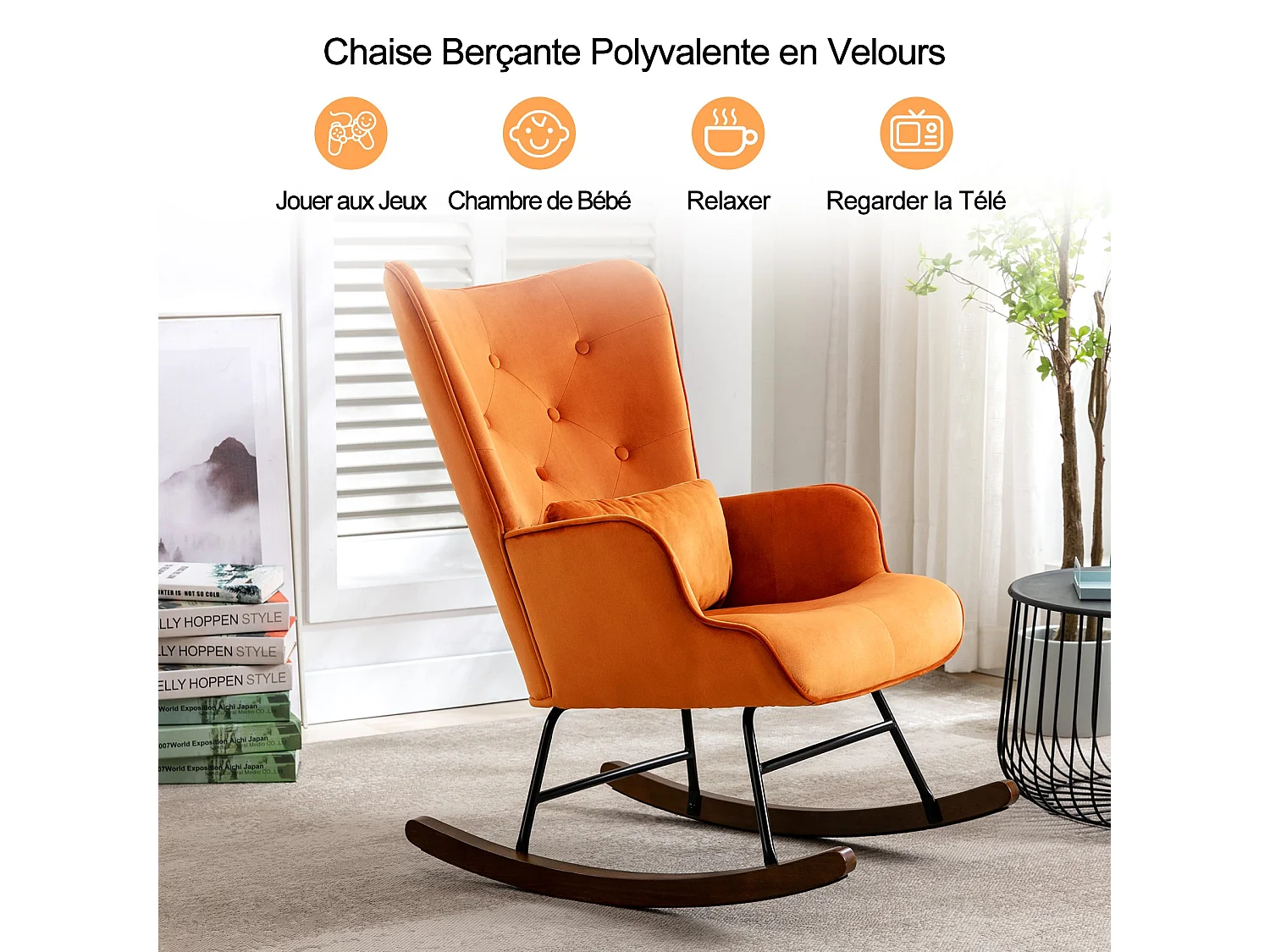 Fauteuil à Bascule  Rembourré en Velours Moderne  pour Salon, Chaise à Bascule à Dossier Haut avec Pieds en Bois, ORANGE