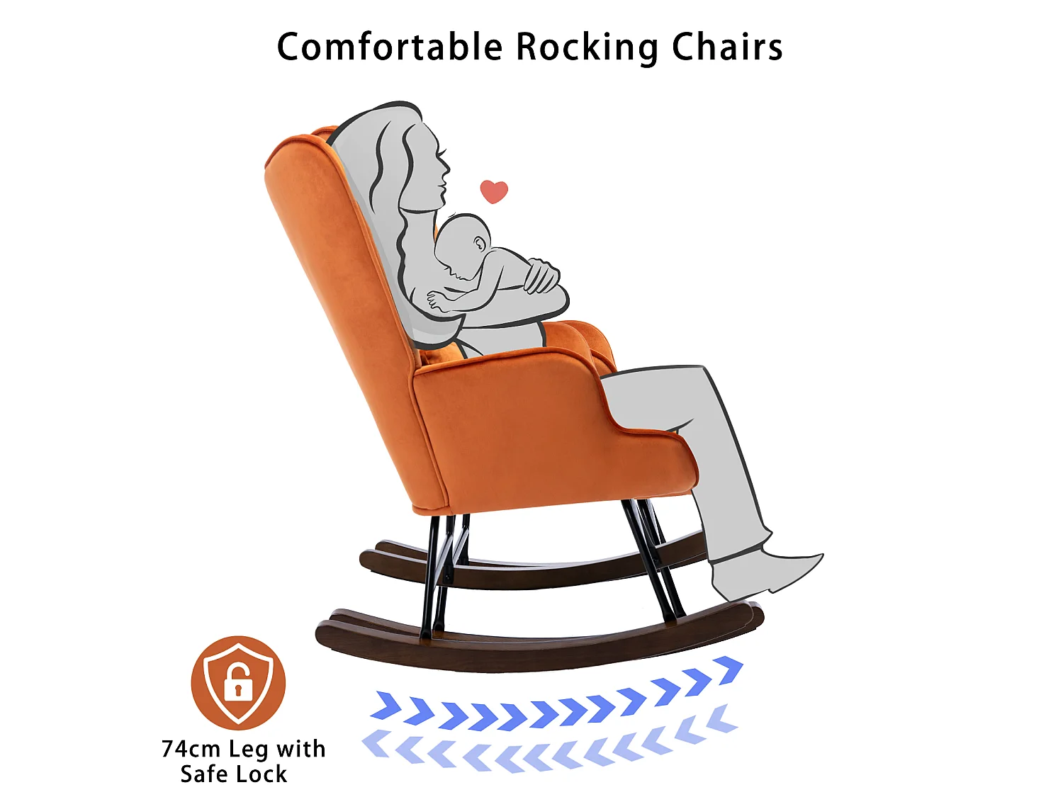 Fauteuil à Bascule  Rembourré en Velours Moderne  pour Salon, Chaise à Bascule à Dossier Haut avec Pieds en Bois, ORANGE