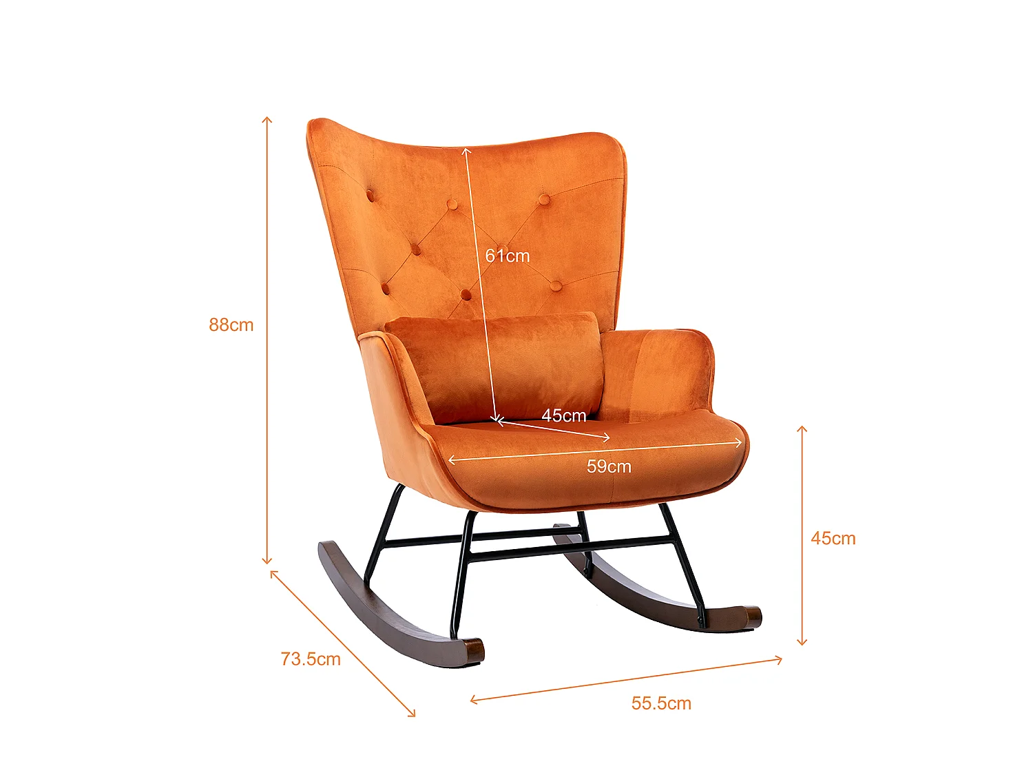Fauteuil à Bascule  Rembourré en Velours Moderne  pour Salon, Chaise à Bascule à Dossier Haut avec Pieds en Bois, ORANGE