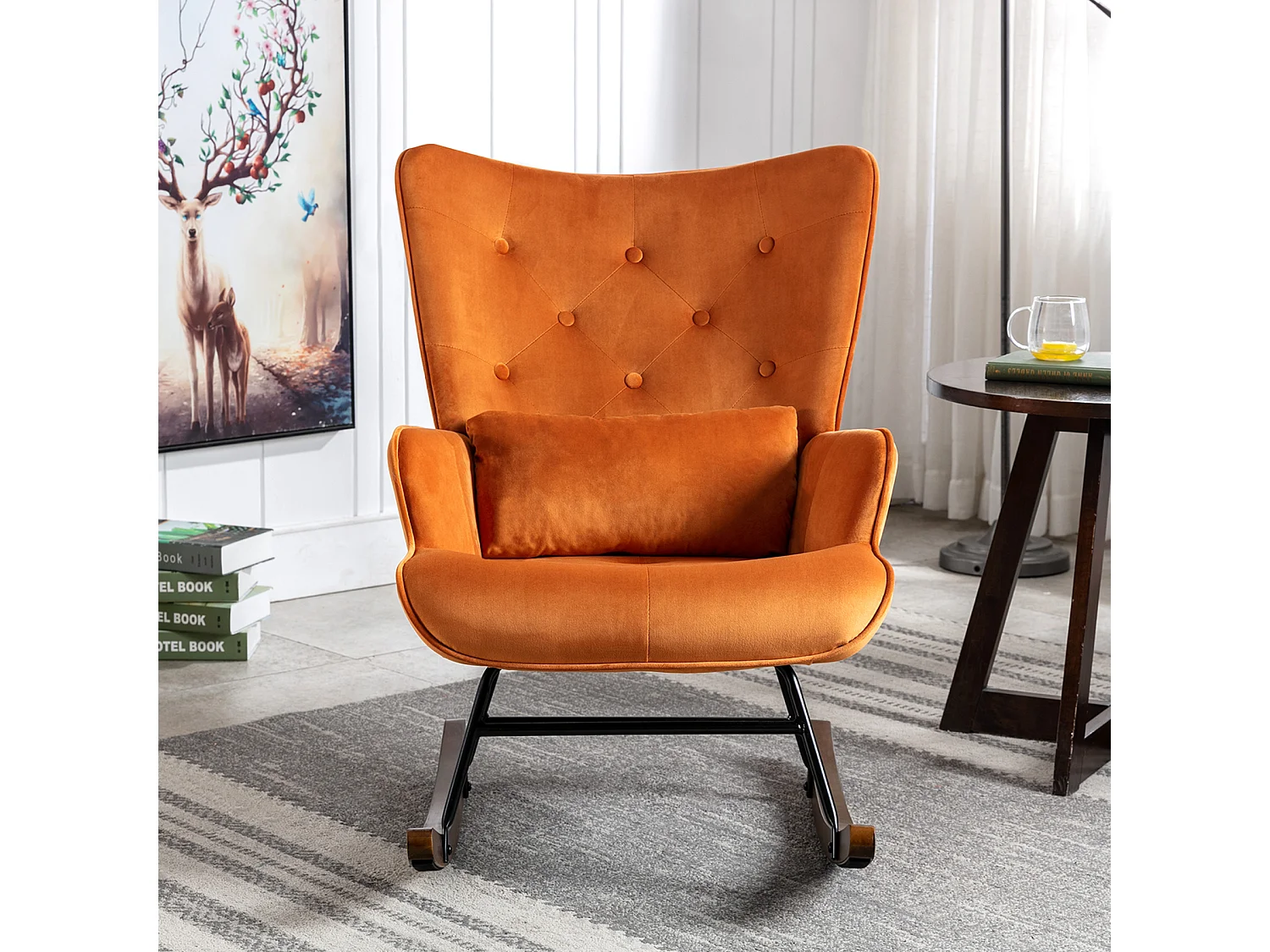 Fauteuil à Bascule  Rembourré en Velours Moderne  pour Salon, Chaise à Bascule à Dossier Haut avec Pieds en Bois, ORANGE