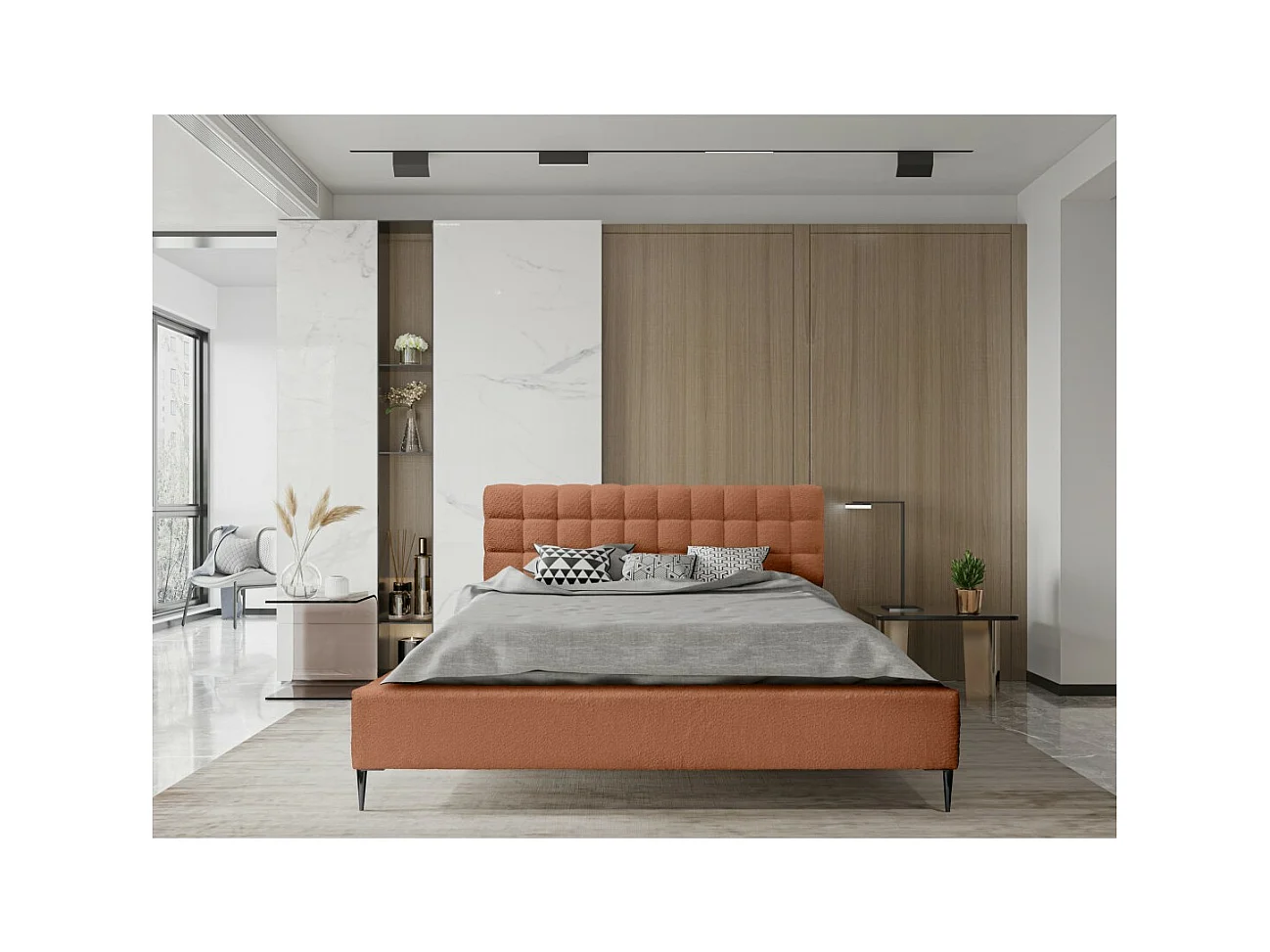 Cama MILLIO – Terracota – 160x200 cm – Tela chenilla buclé – Somier incluido – Confort de hotel 5 estrellas